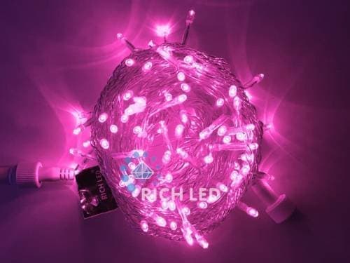 Светодиодная гирлянда Rich LED 10 м, 220В, РОЗОВЫЙ, прозрачный провод