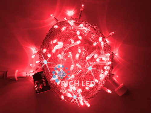 Светодиодная гирлянда Rich LED 10 м, 220В, флэш, КРАСНЫЙ, прозрачный провод