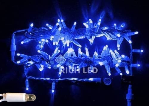Светодиодная гирлянда Rich LED 10 м, 220В, флэш, колпачок, СИНИЙ, белый провод